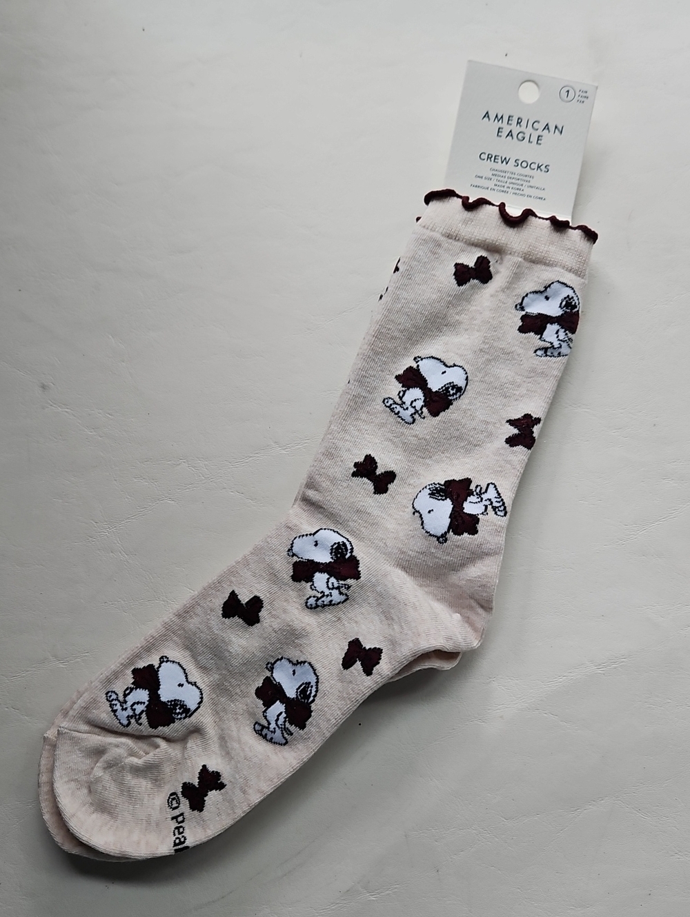 American Eagle  Beige Crew Socks with Brown Snoopy Bow Tie